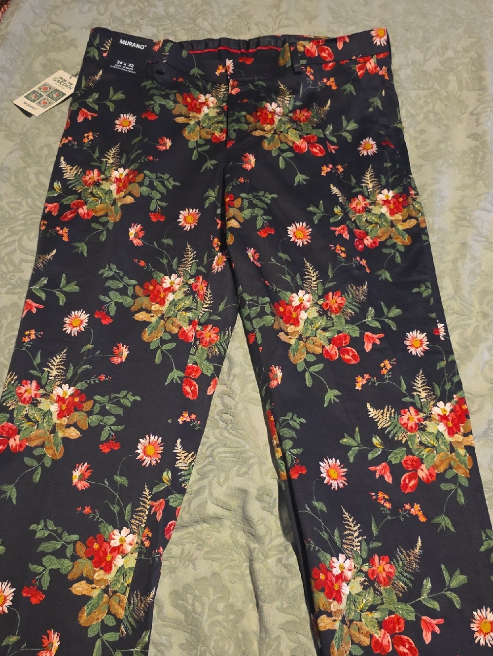 Murano Bkack Floral Print Stretch Pants with Red and Green Blooms